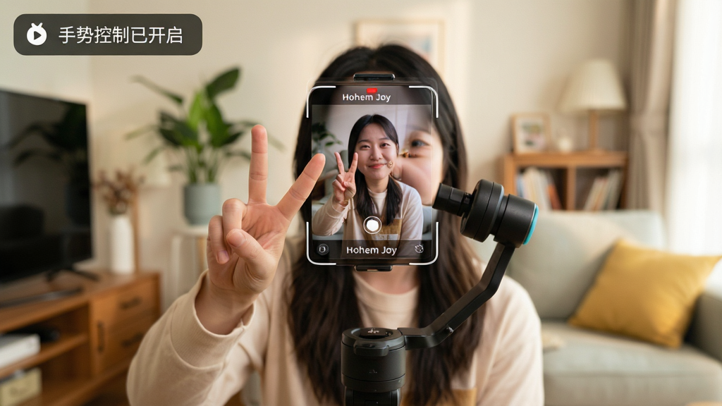 主体:用户面对镜头比出“V”字手势,稳定器自动跟随。布局:人物位于画面中央,背景为生活场景,稳定器在人物前方。排版:画面左上角显示“手势控制已开启”的软件提示条。风格:温馨生活风,色彩柔和。细节:手机屏幕中带有“Hohem Joy”水印,跟随框锁定人物。画质:高解析度,干净无多余元素。