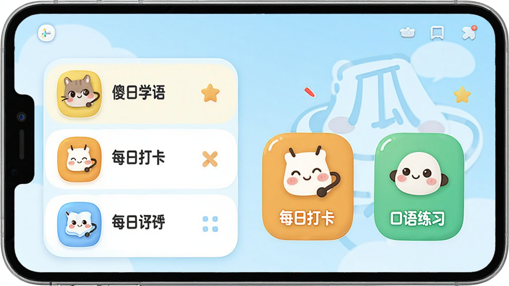傻瓜英语是一款界面简洁、色彩明快的英语学习软件,主界面展示课程列表、每日打卡和口语练习入口,图标设计圆润可爱,整体风格清新活泼,突出“轻松学英语”的理念,画质干净,无多余元素。