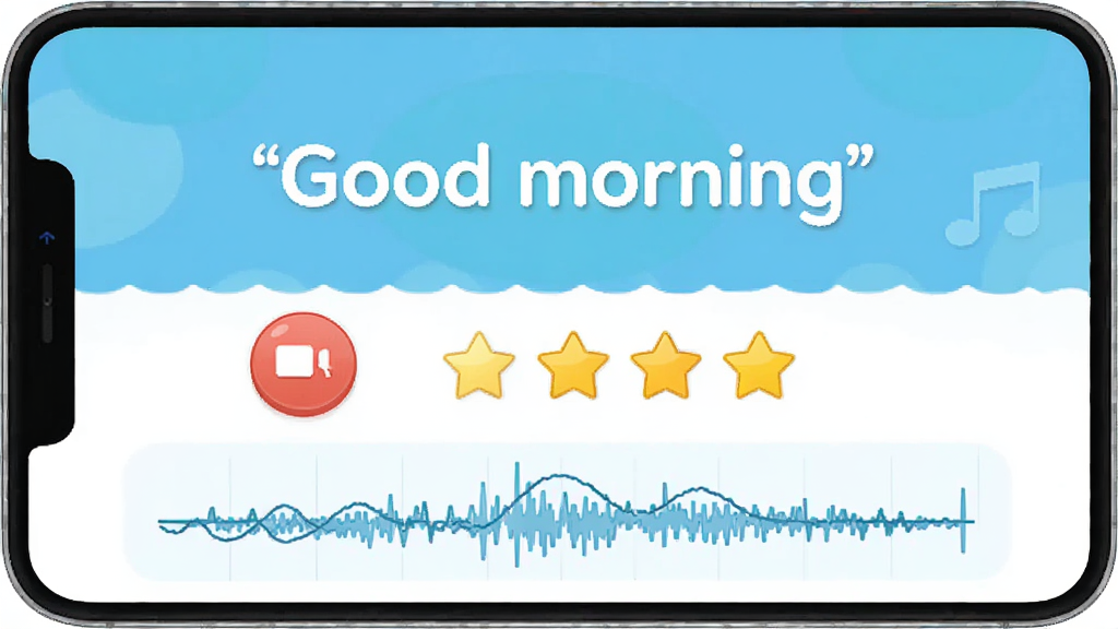 傻瓜英语口语练习界面,显示一句话“Good morning”,下方有录音按钮和评分星星,界面简洁,有波形图显示发音准确度,色彩清新,强调智能跟读功能,画质干净。