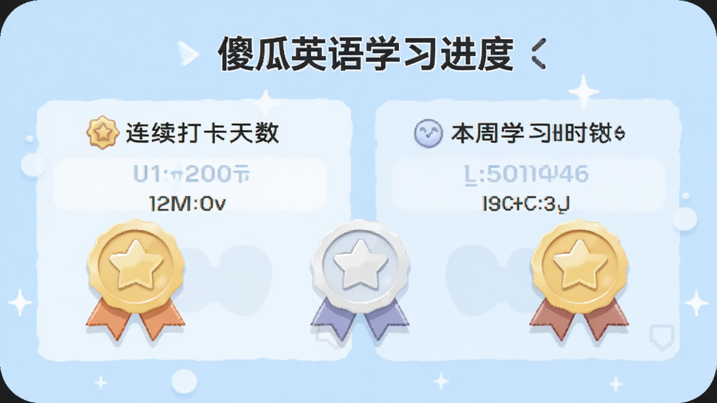 傻瓜英语学习进度界面,显示连续打卡天数和本周学习时长,背景为淡蓝色,有激励徽章图标,布局简洁,突出学习成就感,画质干净,无多余元素。