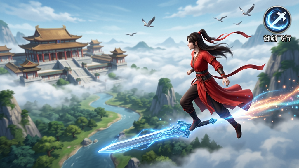 主体:《灵武世界》游戏内御剑飞行实景截图,一名红衣女侠脚踏散发蓝光的仙剑,穿梭在云海与山峰之间,身后留下绚丽的光尾。布局:女侠位于画面右三分之一处,身姿矫健,视线望向左前方的宏伟宫殿群,下方是苍翠的山林与蜿蜒的河流。排版:采用动态视角,人物与景色虚实结合,突出速度感与空间感,界面右上角有“御剑飞行”技能图标。风格:写实唯美的国风画面,色彩明快,光效自然。细节:仙剑上的纹路、女侠的飘带、以及远处飞鸟都清晰可见,光尾由粒子组成。画质:高清细腻,干净无多余元素。