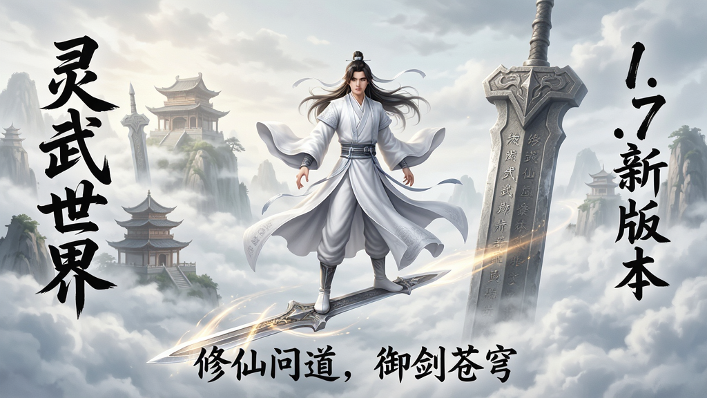 主体:一张充满东方玄幻气息的《灵武世界》游戏宣传海报,中央是一位身着飘逸白袍的年轻修士,脚踏飞剑,衣袂飘飘,背景是云雾缭绕的仙山楼阁与巨大的古剑雕塑。布局:人物居中突出,背景宏大开阔,左右两侧分别有“灵武世界”和“1.7新版本”的竖排毛笔字logo,下方有“修仙问道,御剑苍穹”的副标题。排版:画面层次分明,主体清晰,文字醒目,整体采用横幅宽屏构图。风格:国风水墨与现代CG渲染结合,色彩淡雅,光影通透,意境深远。细节:修士发丝和衣袍纹理清晰,飞剑上有流光特效,背景云海翻涌,古剑雕塑上刻有铭文。画质:8K超高清,细节丰富,干净无多余元素。