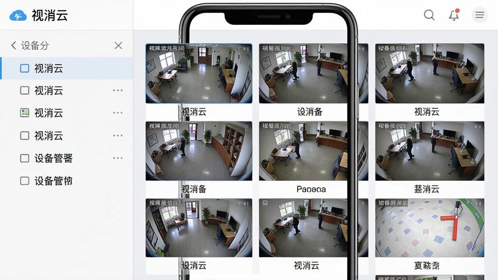 一张“视消云”多设备管理界面的截图风格图片,主体为手机屏幕中显示多个监控画面缩略图网格,每个画面下方标注设备名称,左侧边栏有设备分组列表,背景为浅灰色,整体布局规整清晰,采用扁平化设计风格,细节包括不同场景的监控画面,画质干净高清,无多余元素。