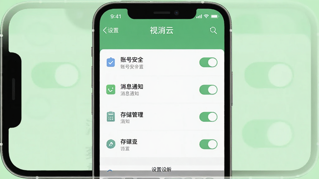 一张“视消云”手机端设置界面的截图风格图片,主体为手机屏幕中显示应用设置菜单,包含账号安全、消息通知、存储管理等选项,背景为浅绿色,采用简约扁平化设计,布局清晰,细节包含开关按钮和图标,画质干净无多余元素。