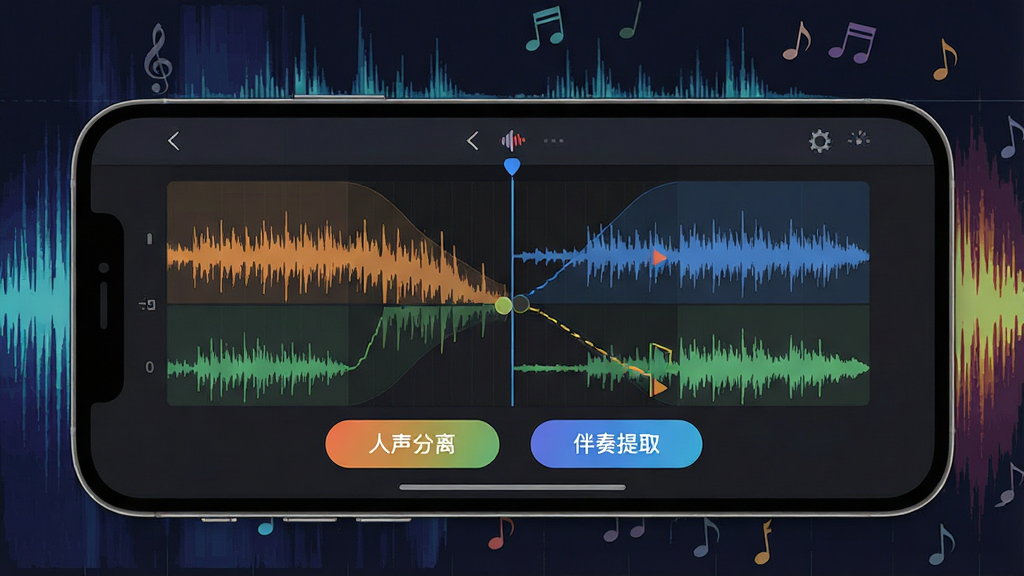 展示合唱佳软件界面特写,主体为手机横屏显示音频波形编辑页,左右声道分离可视化,标注“人声分离”与“伴奏提取”两个彩色按钮。背景为声纹频谱图与细小音乐符号,布局采用左右对称,风格科技感扁平设计,细节清晰,画质高清干净,无多余元素。