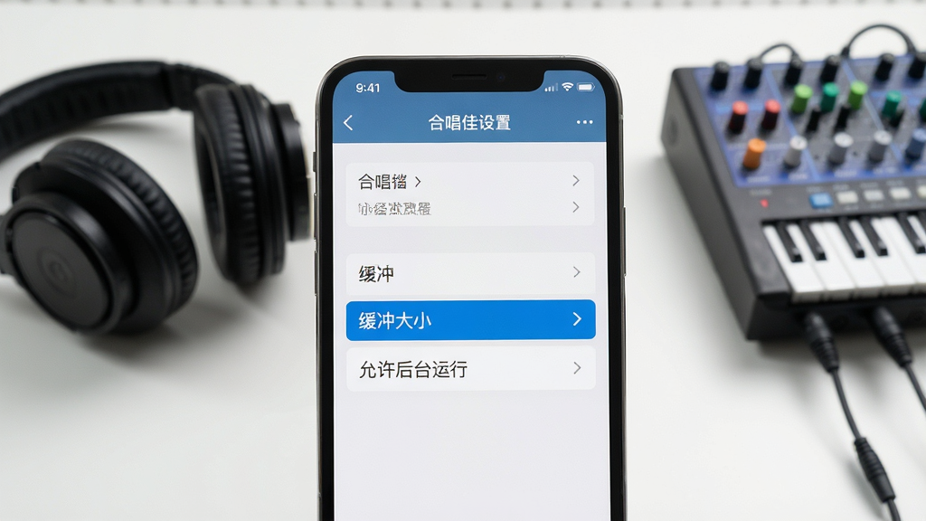 一张教学风格配图,主体为手机屏幕显示合唱佳设置菜单,高亮显示“缓冲大小”与“允许后台运行”选项。背景为简洁的工作台,有耳机和声卡,布局写实,风格清晰明快,细节丰富,画质干净,无多余元素。