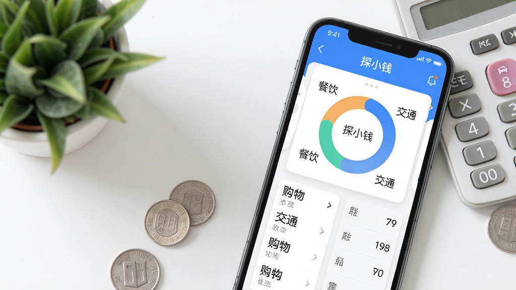 主体:智能手机屏幕展示“探小钱”记账应用主界面,屏幕中央显示环形统计图与收支明细列表,手机旁边放置计算器与几枚硬币。布局:手机位于画面中心偏右,左侧留白放置绿色植物点缀,整体横向构图。排版:界面图表清晰,数字醒目,采用卡片式布局。风格:现代扁平化结合轻微拟物阴影,色彩清新明亮,主色调为蓝白相间。细节:图表数据标注“餐饮”“交通”“购物”等中文标签,手机顶部显示“探小钱”字样。画质:4K超清,光线柔和,干净无多余元素。
