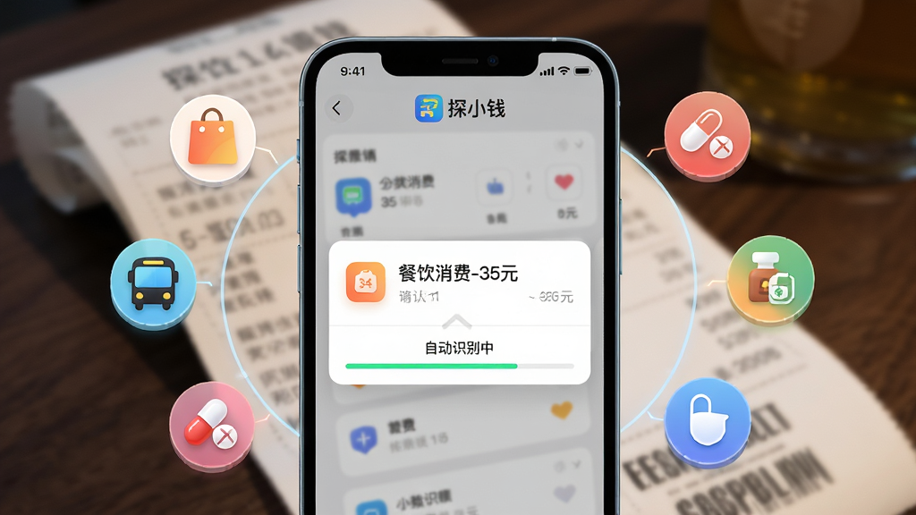 主体:手机屏幕展示“探小钱”的自动记账过程,屏幕上弹出“餐饮消费-35元”的分类确认提示,背景是模糊的餐厅收据。布局:手机居中,周围悬浮着各类消费图标(购物袋、公交车、药丸等),呈圆形环绕。排版:界面简洁,分类图标色彩各异,文字清晰。风格:科技感与生活化结合,色彩活泼。细节:屏幕上方显示“探小钱”Logo,下方有“自动识别中”的进度条。画质:高清渲染,细节丰富,无多余元素。