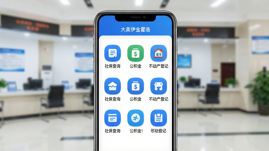 主体:手机界面显示“大美伊金霍洛”政务办事页面,列表展示“社保查询”、“公积金”、“不动产登记”等图标。布局:手机居中,背景为简洁的办事大厅虚化场景。排版:功能图标以九宫格排列,清晰醒目。风格:UI设计简洁大气,图标圆润,色彩以蓝色和白色为主。细节:每个图标下方有文字标签,顶部显示“大美伊金霍洛”应用名称。画质:高清渲染,界面干净无多余元素。