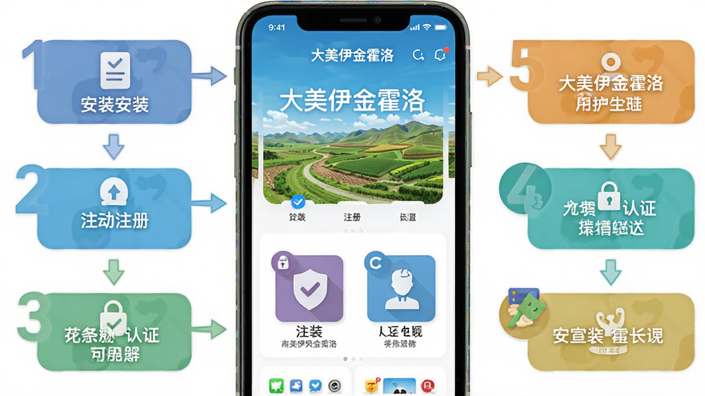 主体:手机屏幕展示“大美伊金霍洛”使用教程步骤图,包含安装、注册、认证等图标。布局:手机居中,周围环绕步骤序号。排版:步骤以流程图形式呈现。风格:扁平化,色彩明快。细节:手机屏幕显示应用主界面,步骤文字清晰。画质:高清干净,无多余元素。
