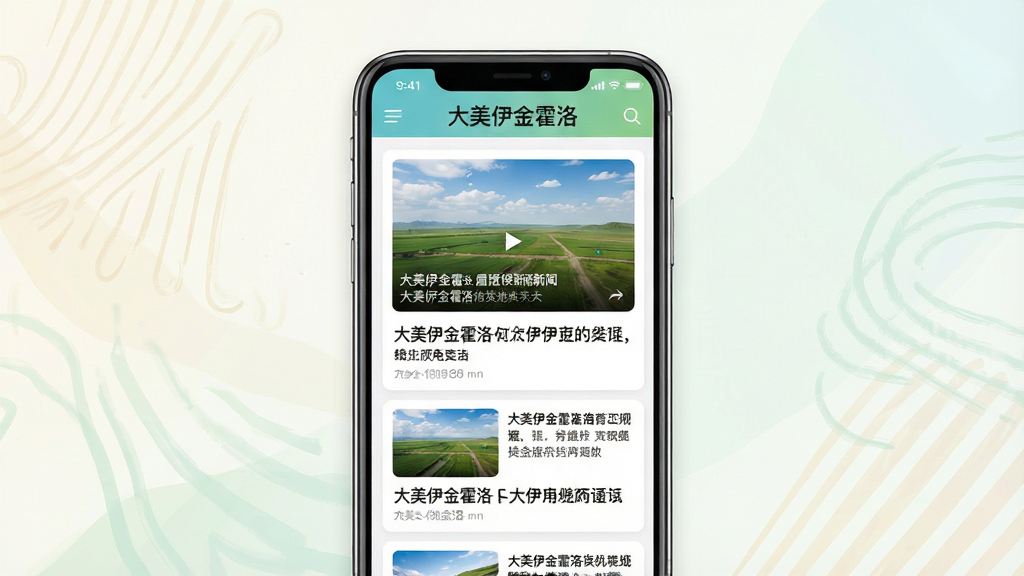 主体:手机屏幕展示“大美伊金霍洛”新闻资讯页面,包含头条新闻图片与标题列表。布局:手机居中,背景为淡色抽象图案。排版:新闻卡片式排列,主次分明。风格:现代简约,色彩清新。细节:页面顶部有“大美伊金霍洛”标题栏,新闻配图与文字摘要。画质:高清,界面干净无多余元素。