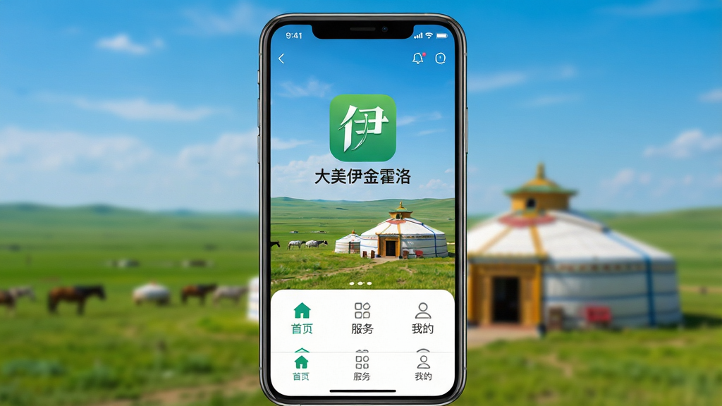 主体:手机屏幕展示“大美伊金霍洛”APP主界面,背景为伊金霍洛旗草原与成吉思汗陵景观,界面清晰显示“首页”、“服务”、“我的”等菜单。布局:界面居中,上方为草原蓝天,下方为手机底部菜单,整体视觉焦点在APP界面。排版:手机界面占画面大部分,背景虚化。风格:写实与现代扁平化结合,色彩明亮,绿色与蓝色为主调。细节:手机屏幕上显示“大美伊金霍洛”字样及图标,画面干净无杂物。画质:高清渲染,细节清晰,无多余元素。