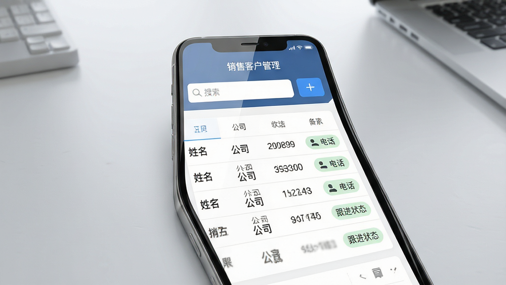 销售客户管理软件主界面手机截图展示,主体为一部智能手机屏幕占据画面中央,屏幕内清晰显示“销售客户管理”App的客户列表页面,包含姓名、公司、电话图标和跟进状态标签,布局简洁明快,上方有搜索栏和添加按钮,背景为浅灰色办公桌面,整体风格现代商务,细节包括屏幕反光和柔和阴影,画质高清干净,无多余元素