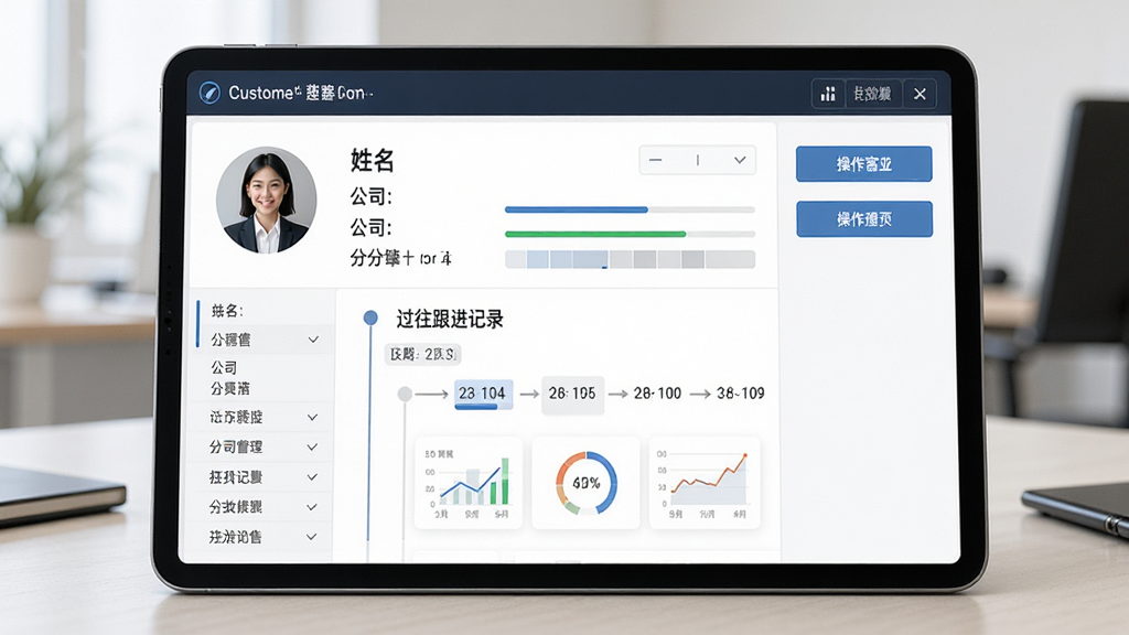 销售客户管理软件客户详情页预览,主体为平板电脑横向摆放,屏幕显示某客户完整档案,包含头像、姓名、公司、分段进度条以及过往跟进记录时间轴,布局左右分栏,左侧为字段列表右侧为操作按钮,排版清晰,风格清爽商务,细节有数据图表小部件,画质细腻干净,无多余元素