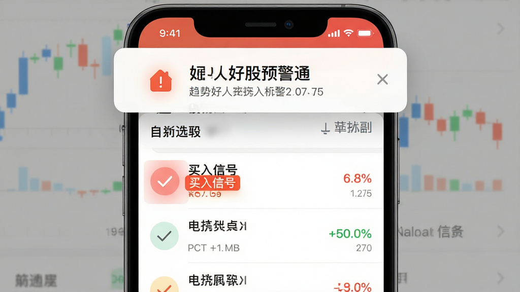 好人好股预警通知界面,手机顶部弹出趋势拐点提醒横幅,背景为自选股列表,其中一只股票标注“买入信号”,色彩鲜明,界面干净,画质清晰,无多余元素。
