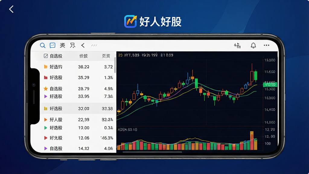 图片居中展示好人好股软件在手机上的运行界面,主屏幕显示自选股列表与彩色K线图,顶部有“好人好股”品牌标识,整体风格现代简洁,背景为深蓝色渐变,画质高清,干净无多余元素。