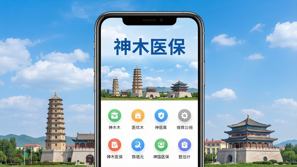 主视觉图:智能手机屏幕展示“神木医保”APP主界面,界面顶部显示“神木医保”蓝色大字,下方排列整齐的功能图标,背景为神木市地标建筑与蓝天白云,画面明亮清晰,布局居中,风格简洁现代,细节丰富,画质高清,干净无多余元素。