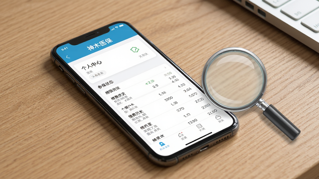 功能预览图:“神木医保”APP内“个人中心”页面截图,清晰显示参保状态、缴费历史列表,手机模型置于桌面,旁边有放大镜图标强调查询功能,排版整洁,风格写实,细节到位,画质清晰,无多余元素。