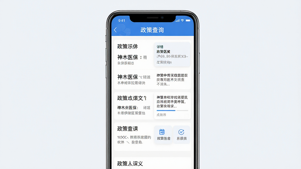 内容展示图:“神木医保”APP“政策查询”界面,展示各类政策文件列表,点击可展开详情,界面以蓝色和白色为主色调,配以清晰文字,手机屏幕居中,背景简洁,画质高,干净无多余元素。