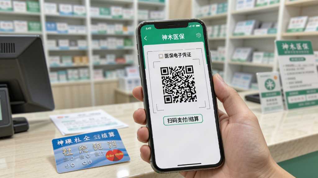 扫码支付场景图:“神木医保”APP医保电子凭证二维码展示在手机屏幕,下方有“扫码支付/结算”字样,旁边放置一张社保卡,背景是药店或医院收费窗口,虚化处理,突出手机界面,风格写实,画质清晰,干净无多余元素。