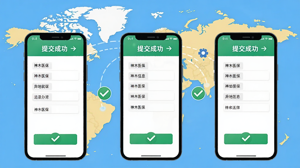 操作流程图:“神木医保”APP异地就医备案操作步骤示意图,手机界面逐步展示填写信息的表单,配以绿色对勾表示提交成功,背景为世界地图,寓意远程办理,风格扁平化,色彩明快,细节清晰,画质干净。