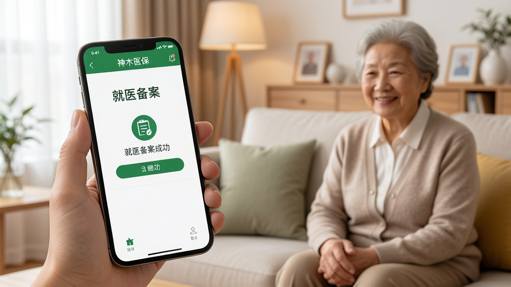 手机使用场景图:一只手拿着手机操作“神木医保”APP,屏幕上显示“就医备案”成功页面,背景是温馨的家庭客厅,有老人在旁边微笑,画面清晰自然,构图和谐,风格写实,画质高清,无多余元素。
