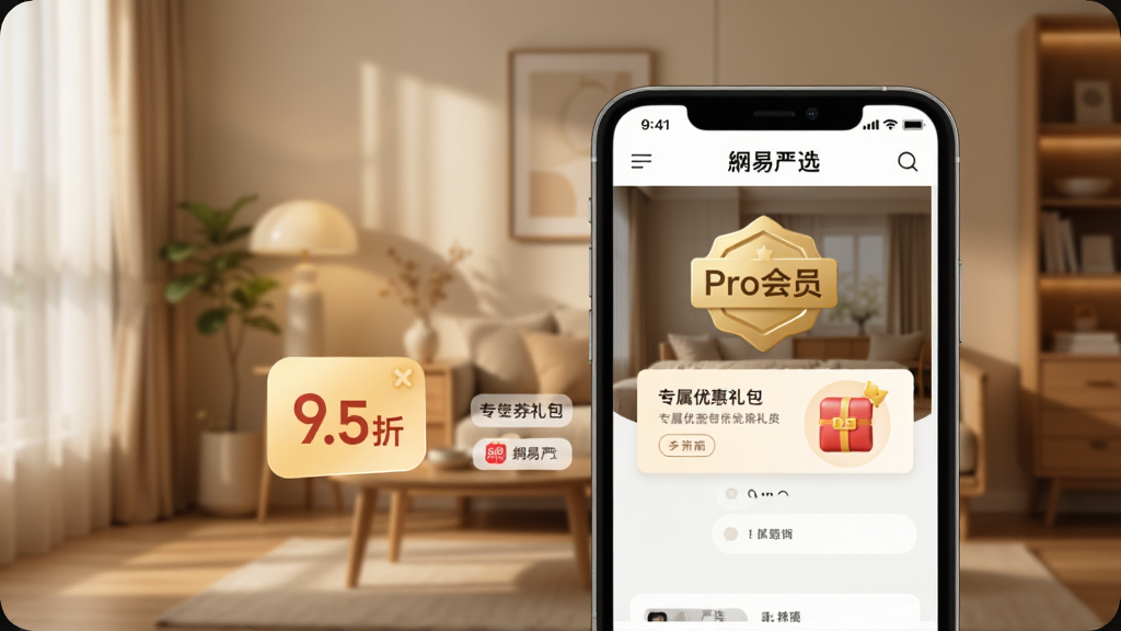 网易严选会员特权页面展示,手机屏幕内显示“Pro会员”金色标识、9.5折图标与专属优惠券礼包,背景为简约的高品质居家场景,暖色调灯光,柔和虚化效果,UI设计精致,突出“网易严选”会员尊享感,画质细腻干净无多余元素