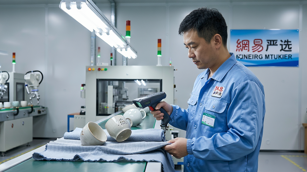 网易严选品控团队在现代化工厂车间内检验产品特写,质检员手持扫描仪检查陶瓷杯与纺织面料,生产线干净整洁,灯光柔和,背景可见“网易严选”质检标识看板,构图专业,细节丰富,写实风格,画面清晰无多余杂物