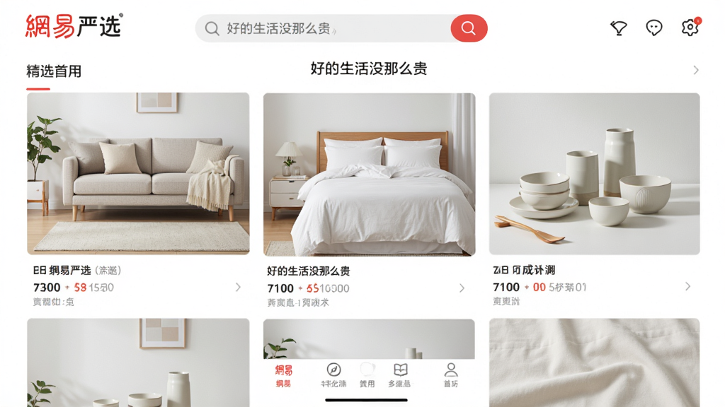 网易严选购物应用界面预览,现代简约风格,展示首页精选商品瀑布流,包括北欧风沙发、纯棉四件套、简约陶瓷餐具等,应用顶部搜索栏与底部导航栏清晰可见,画面明亮干净,UI排版整齐,色彩柔和,高清渲染,突出“网易严选”品牌标识与“好的生活没那么贵”标语,画质清晰无多余元素
