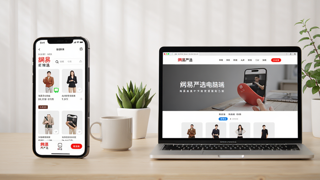 网易严选移动端与电脑端使用场景对比图,左侧为智能手机显示购物界面,右侧为笔记本电脑打开官网,背景为简约办公桌,咖啡杯与绿植点缀,画面明亮干净,构图清晰,突出“网易严选”应用跨设备同步便捷性,高清渲染无多余元素
