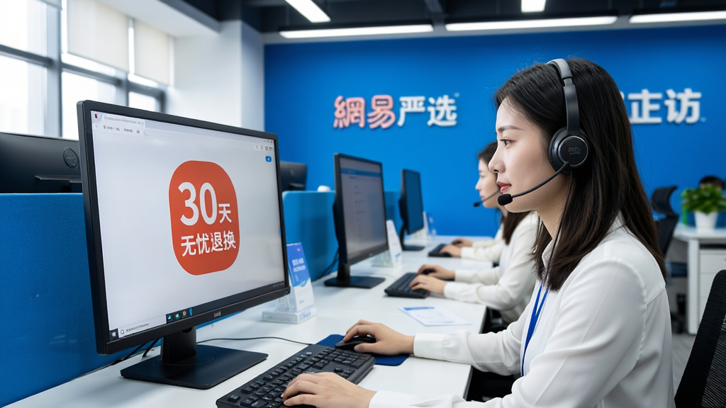 网易严选售后客服团队工作场景,客服人员佩戴耳机在电脑前耐心服务,屏幕显示“30天无忧退换”图标,背景为网易严选品牌蓝色调办公室,画面明亮整洁,专业氛围,写实风格,突出“网易严选”服务承诺,画质清晰干净无多余元素