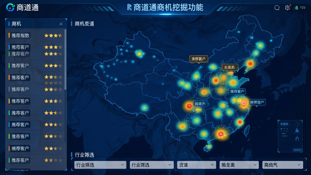 一张商道通商机挖掘功能的数据可视化截图,主体为地图上分布的热力点与推荐客户标签,左侧栏列出商机列表并显示推荐指数星级,底部为行业筛选条件,整体风格科技感强,深蓝色背景搭配亮色数据点,画质清晰,包含“商道通”品牌标识