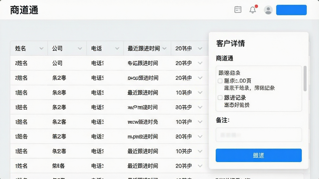 一张商道通客户管理功能界面的示意图,主体为表格形式的客户列表,包含姓名、公司、电话、最近跟进时间等字段,右侧弹出客户详情卡片,显示跟进记录与备注,整体布局清爽,采用浅灰色背景搭配蓝色高亮按钮,画质干净,无多余元素,界面左上角显示“商道通”字样