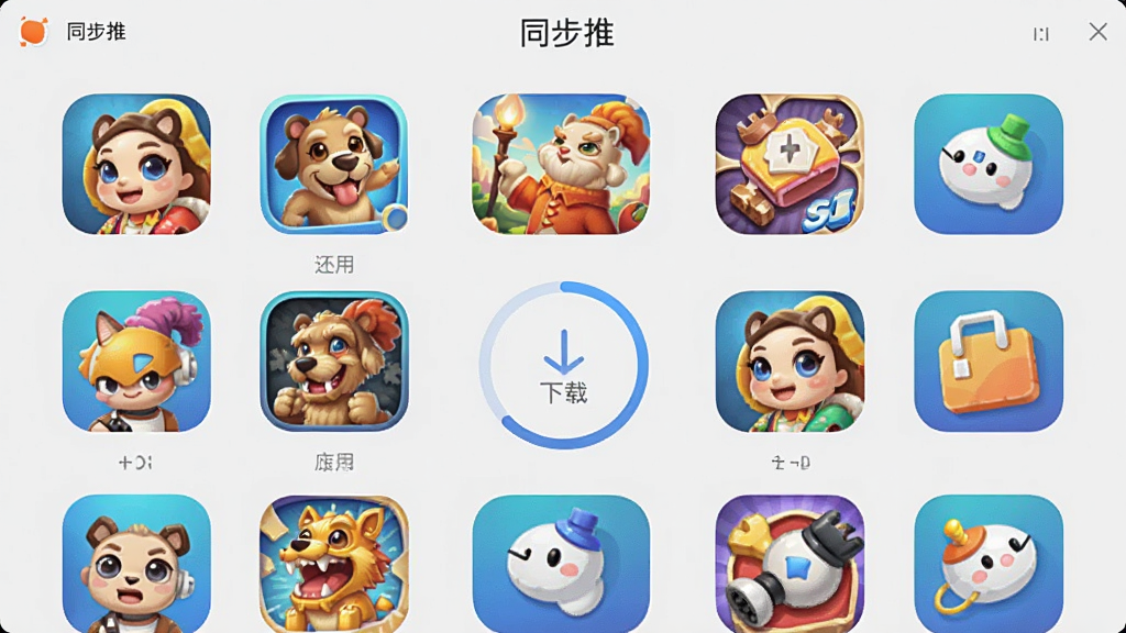 图片主体是同步推软件内置的应用商店界面,展示多款热门游戏与应用图标,界面排列整齐,上方有“同步推”字样,中心有下载进度圆圈,背景为浅灰色,排版采用网格布局,现代简约风格,图标色彩丰富,画质细腻,干净无多余元素