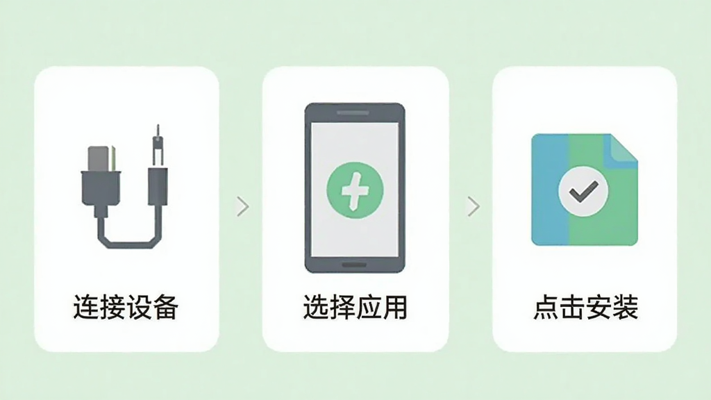 图片主体为同步推软件操作流程图,包含三步:连接设备、选择应用、点击安装,每步配有简洁图标,背景为浅绿色,扁平化设计,画质清晰,干净无多余元素