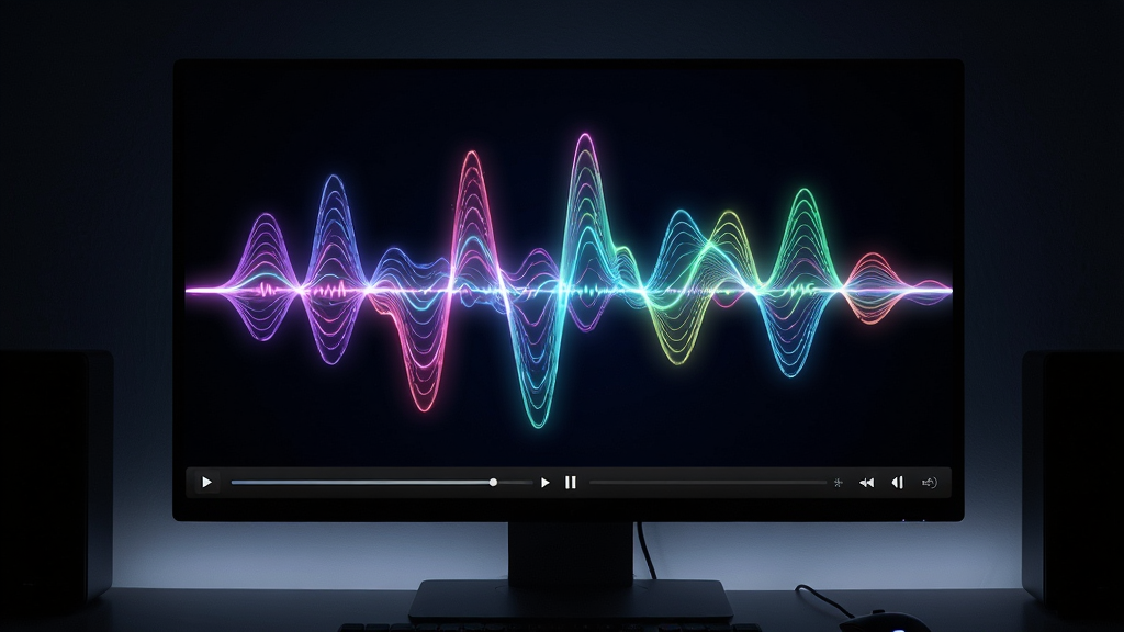 主体:Video Wallpaper的音频可视化效果,壁纸显示彩色声波随音乐节奏跳动。布局:电脑屏幕占据画面中心,屏幕内声波律动,周围环境较暗突出屏幕。排版:屏幕画面饱满,声波线条流畅。风格:科技感,霓虹色彩。细节:声波有发光效果,屏幕下方有音乐播放器界面暗示音频来源。画质:高清,动感十足,干净,无多余元素。