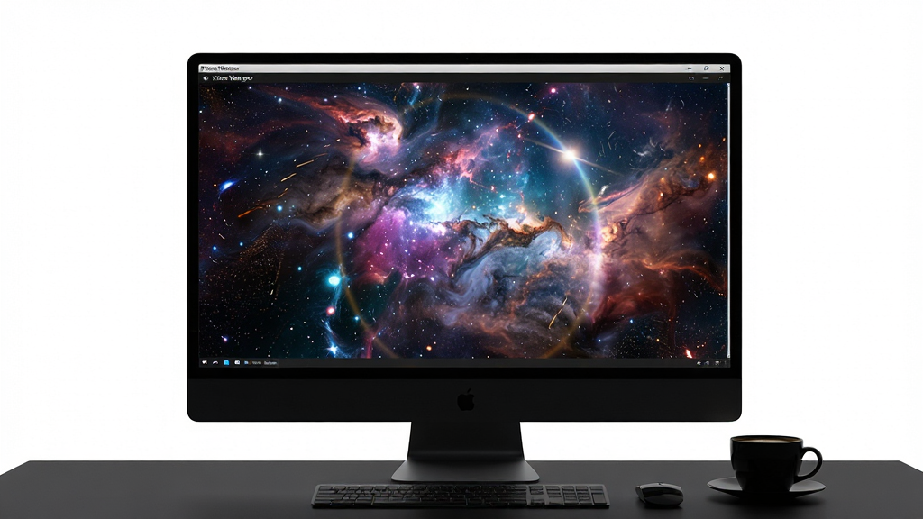主体:一台运行着Video Wallpaper软件的电脑桌面,桌面背景是一段色彩绚丽的动态宇宙星云视频。布局:电脑屏幕居中,屏幕内星云缓缓流动,屏幕外是简洁的深色环境。排版:屏幕画面占主体,四周留白。风格:写实科技感,光影效果真实。细节:屏幕中的星云带有光晕和粒子效果,画面流畅,桌上有一杯咖啡。画质:8K超高清,细节丰富,干净,无多余元素。