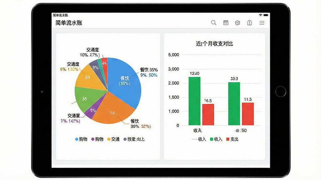 主体:一台平板电脑横屏展示“简单流水账”软件的统计报表页面,屏幕中央显示彩色饼状图和柱状图。布局:饼状图位于左侧,用不同颜色切片展示餐饮、购物、交通等分类占比,右侧柱状图展示近六个月的收支对比,图表下方有图例。排版:图表布局均衡,数据标签清晰,背景为白色,软件名称“简单流水账”显示在顶部工具栏。风格:商务简约风格,色彩搭配专业,信息易读。细节:饼状图旁标注“餐饮 35%”等文字,柱状图用绿色和红色区分收入与支出。画质:高清渲染,无多余元素,干净。