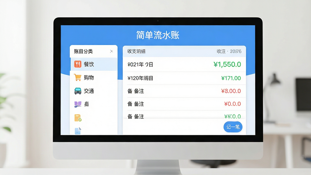主体:一款名为“简单流水账”的记账软件主界面展示在电脑屏幕中央,界面风格简洁明快,主色调为清爽的蓝白色,顶部显示“简单流水账”文字标题。布局:画面包含左侧的账目分类栏(含餐饮、购物、交通等图标),右侧为收支明细列表,底部有“记一笔”蓝色圆形按钮。排版:界面采用卡片式布局,数字清晰,字体规范,整体排列有序。风格:扁平化设计,现代感强,色彩柔和,干净整洁。细节:收支金额用绿色和红色区分,日期、备注清晰可见。画质:高清渲染,无多余元素,干净。