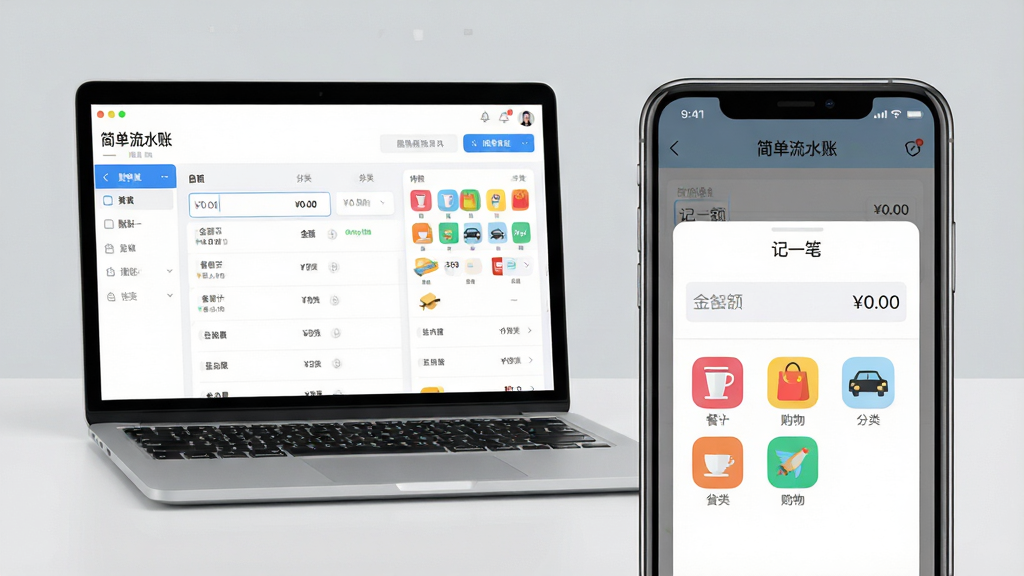 主体:一个智能手机和一台笔记本电脑并排摆放在书桌上,手机屏幕和电脑屏幕均显示“简单流水账”记账软件的快速记账界面。布局:画面右侧手机屏幕放大展示,显示“记一笔”弹窗,含金额输入框和分类图标;左侧电脑屏幕展示同一软件的账目列表。排版:两个设备屏幕内容清晰可辨,桌面无杂物,背景为浅灰色。风格:写实风格结合UI界面展示,光线明亮,干净整洁。细节:金额输入框显示“¥0.00”,分类图标包括餐杯、购物袋、汽车等,颜色鲜艳。画质:高清,细节丰富,无多余元素,干净。
