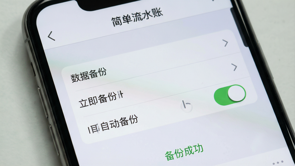 主体:一部智能手机屏幕特写,显示“简单流水账”软件的设置页面。布局:屏幕中央显示“数据备份”选项,下方有“立即备份”和“自动备份”开关,页面背景为浅灰色。排版:设置项排列有序,字体清晰。风格:手机界面截图风格,真实感强。细节:屏幕顶部显示“简单流水账”名称,底部有“备份成功”绿色提示文字。画质:高清,无多余元素,干净。