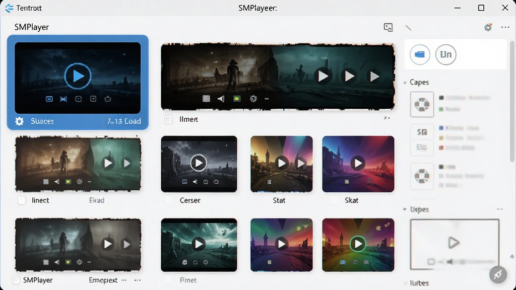 SMPlayer设置界面展示不同皮肤主题,多种颜色风格预览缩略图,当前选中蓝色调皮肤,主窗口展示自定义后的布局,现代,高分辨率,干净