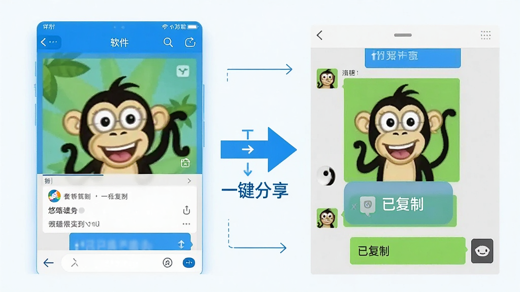 主体:悠嘻猴表情包分享功能示意,展示从软件复制表情到聊天窗口的流程;布局:左侧为软件界面,右侧为微信聊天窗口,中间用箭头连接;排版:对比鲜明,操作路径清晰;风格:现代简约,科技蓝主色调;细节:聊天窗口中出现悠嘻猴表情图片,并标注“已复制”,箭头旁有“一键分享”字样;画质:高清,干净无多余元素。
