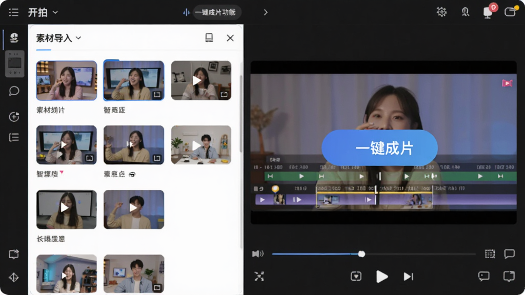 图片展示开拍软件内“一键成片”功能操作界面,左侧为素材导入区,右侧为AI自动生成的视频时间线预览,画布上叠加有“一键成片”按钮;布局扁平化,色彩明亮,画质清晰,突出智能与便捷。