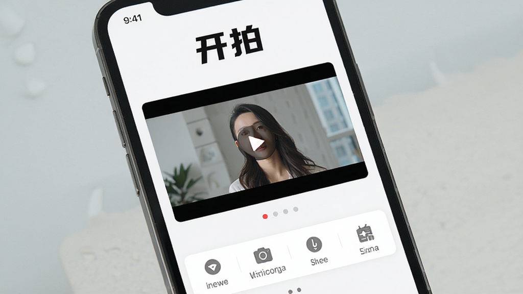 画面主体为手机屏幕展示开拍APP主界面,界面布局清晰,上方有“开拍”品牌字样,中间为视频预览区,下方为功能工具栏;整体风格现代简约,背景淡雅,突出软件界面细节,画质高清干净,无多余元素。