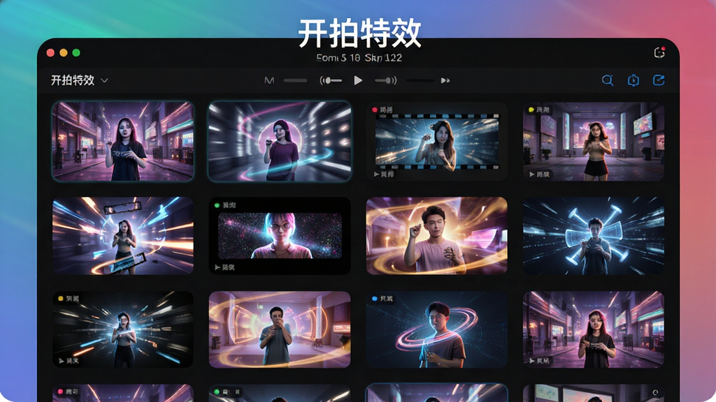 画面展示开拍软件特效库界面,以网格形式陈列多种动态特效缩略图,每个缩略图上有效果预览动图,界面顶部有“开拍特效”字样;设计现代,色彩鲜艳,画质细腻,突出丰富选择。