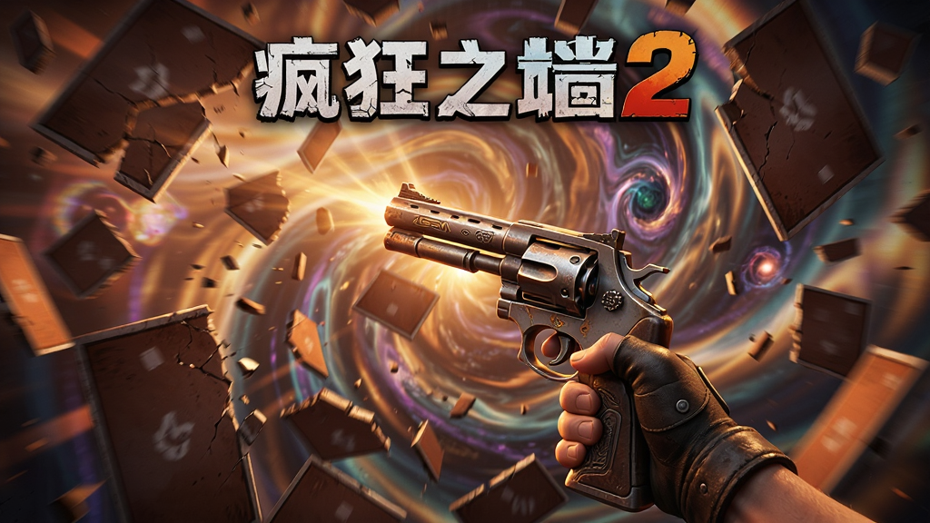 疯狂之墙2游戏主视觉图,第一人称视角,主角手持科幻左轮手枪,背景是破碎悬浮的墙壁碎片与扭曲的异次元空间,暖色调光影,画面充满动感与张力,主体居中,布局紧凑,风格写实细腻,细节丰富,画质高清,干净无多余元素