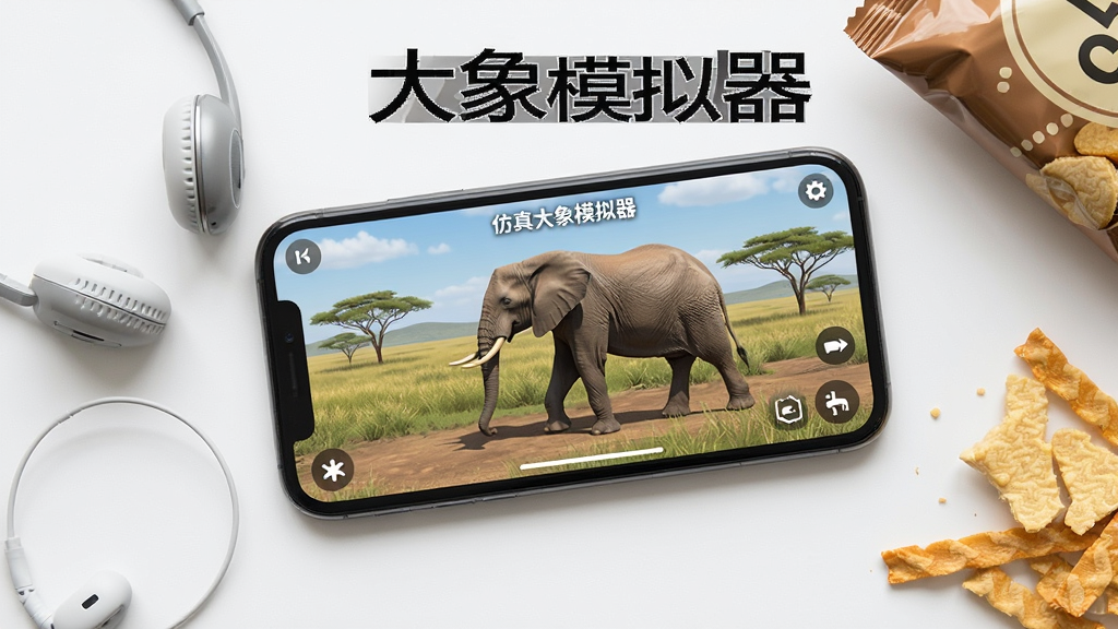 画面主体为手机屏幕上运行仿真大象模拟器的界面,展示大象在草原行走的画面,手机旁边有耳机和零食,构图采用俯视角度,风格写实,画质清晰,干净无多余元素,图片中可打上“仿真大象模拟器”预览图