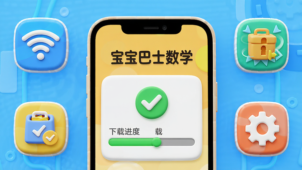 画面主体为手机屏幕上显示“宝宝巴士数学”的下载界面,周围有WiFi图标、存储空间清理工具和齿轮设置图标。布局为中央手机特写,四周环绕相关功能图标。排版简洁,科技感与童趣结合。风格为3D渲染卡通风格,色彩明亮,细节包括下载进度条、绿色对勾、清理缓存动画。画质干净,无多余元素,手机屏幕上有“宝宝巴士数学”字样。