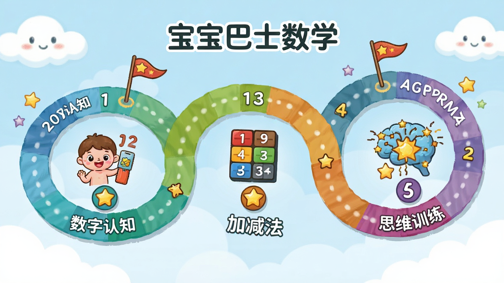 画面主体为一条蜿蜒的彩色成长路径图,路径上分布着不同年龄段的数学学习关卡,从“数字认知”到“加减法”再到“思维训练”。布局为从左到右的进阶式路线,每个关卡节点有可爱的图标和数字。排版清晰,具有教育信息图的风格。背景为浅蓝色天空和白云,风格清新卡通,细节包括小旗子、星星奖励和“宝宝巴士数学”的品牌字样。画质干净,无多余元素。